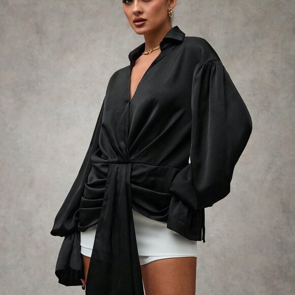 Black Elegant Women's Asymmetric Pleated Draped Puff Sleeves Ruffled Lace Shirt - Picture 3 of 6